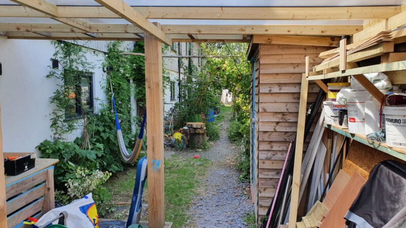 path across the shady rear gardens